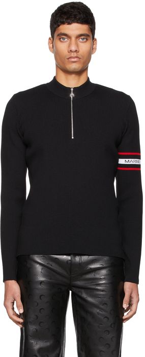 Marine Serre Black Logo Half-Zip Ribbed Sweater