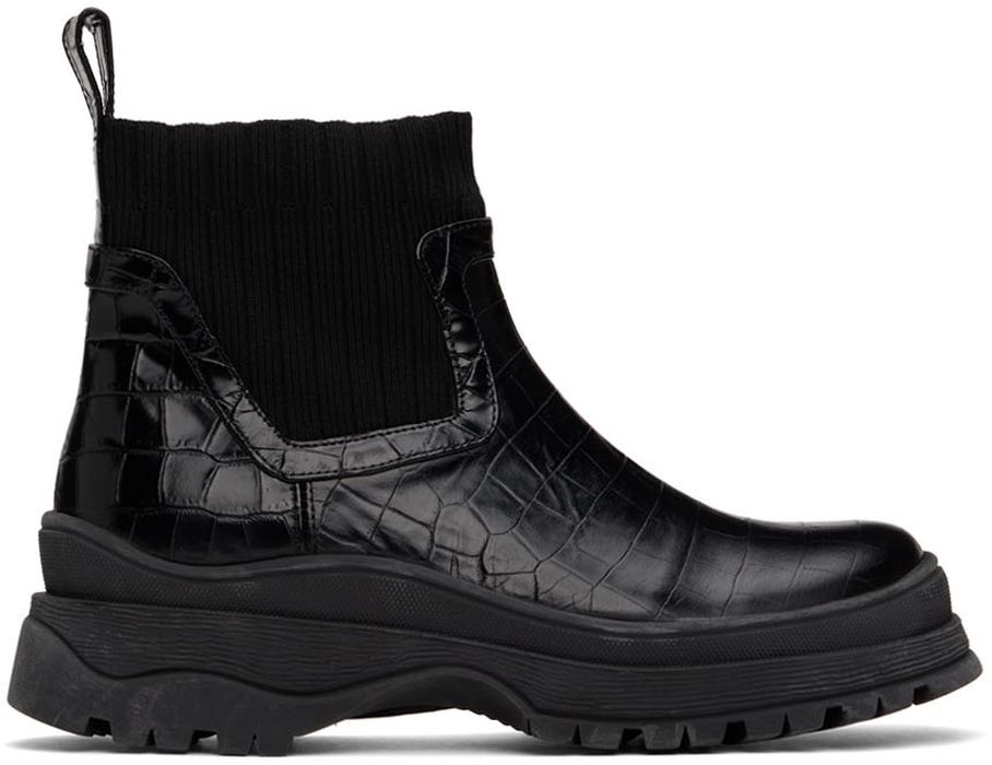 Staud Black Croc-Embossed Bow Boots