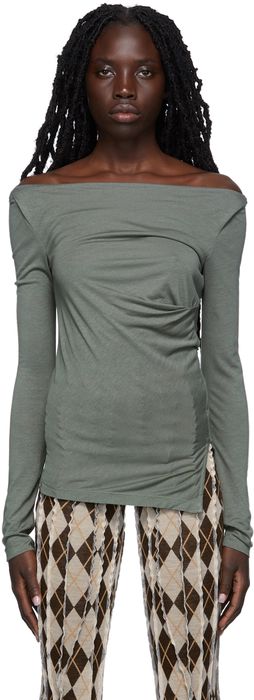 Helmut Lang Grey Ruched Long Sleeve T-Shirt