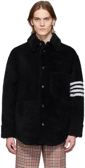 Thom Browne Navy Dyed Shearling 4-Bar Jacket