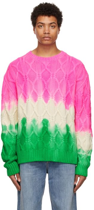 The Elder Statesman Pink & Green Dip Chunky Cable Sweater
