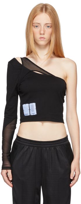 MCQ Black Off-Shoulder Twisted Long Sleeve T-Shirt