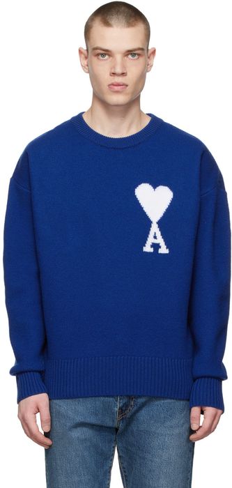 AMI Alexandre Mattiussi Blue Ami de Coeur Wool Crewneck Sweater