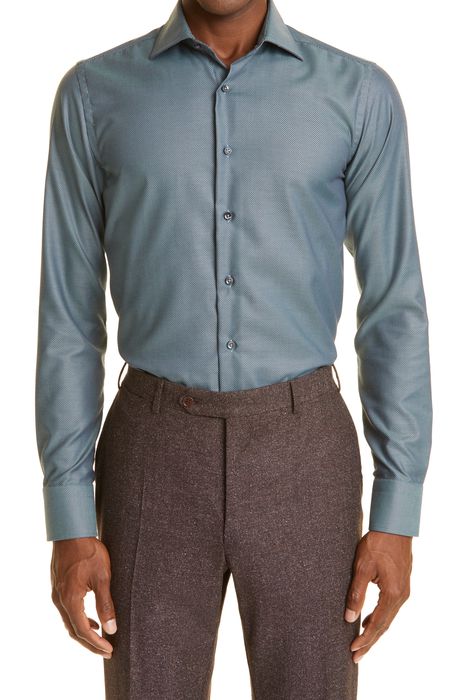 Canali Regular Fit Easy Care Cotton Dress Shirt in Green