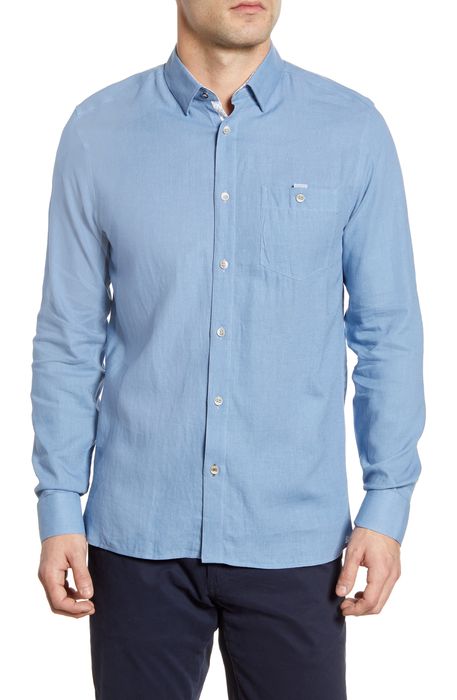 Ted Baker London Notip Button-Up Linen Blend Shirt in Navy