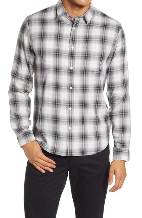 Vince Slim Fit Shadow Plaid Button-Up Shirt in Black