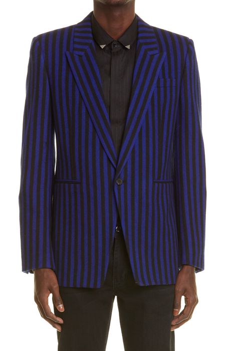 Saint Laurent Stripe Virgin Wool Sport Coat in Black Blue