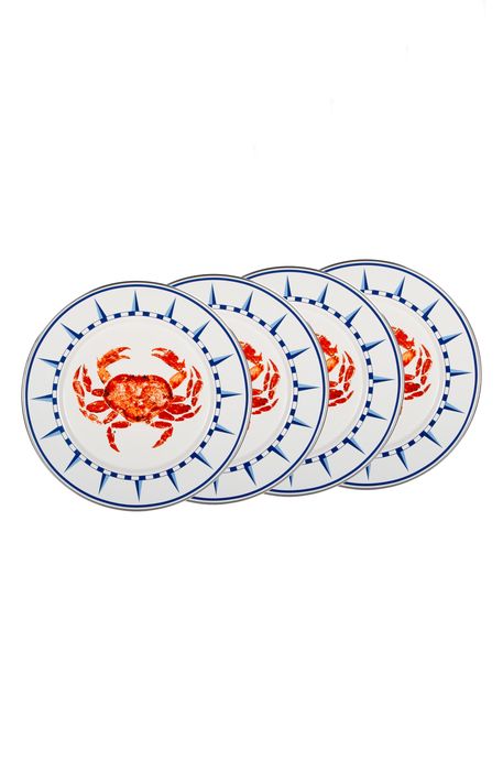 Golden Rabbit Enamelware Crab House Set of 4 Dinner Plates in White