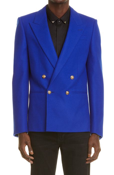 Saint Laurent Double Breasted Wool Blend Sport Coat in Blue