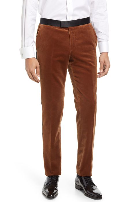 BOSS Genius Flat Front Velvet Tux Pants in Medium Brown