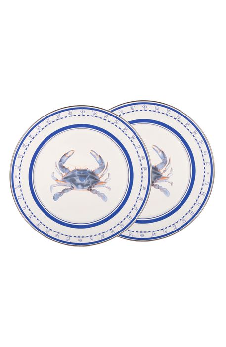 Golden Rabbit Enamelware Blue Crab Set of 2 Chargers in White