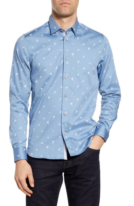 Ted Baker London Slim Fit Tropical Print Button-Up Shirt in Blue