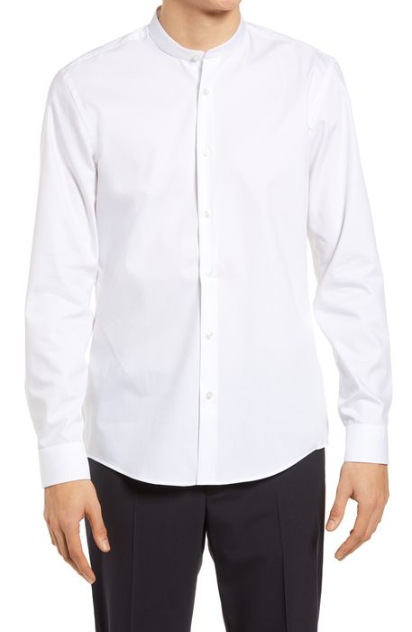 BOSS Jordi Slim Fit Band Collar Cotton Dress Shirt in White