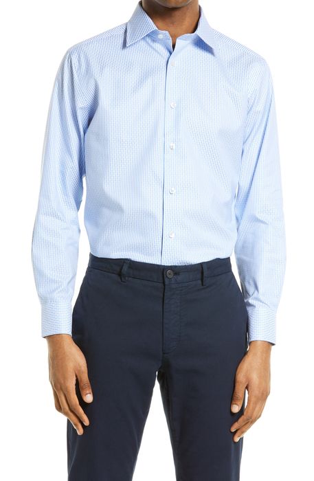 David Donahue Trim Fit French Cuff Microcheck Dress Shirt in Blue