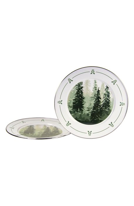 Golden Rabbit Enamelware Forest Trees Set of 2 Charger Plates in White