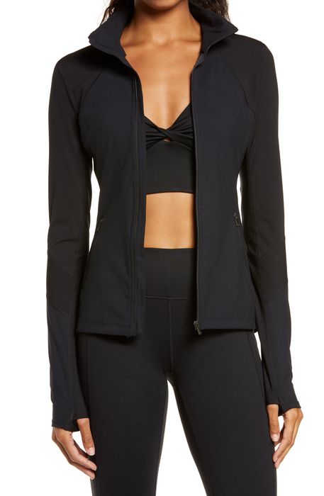 Zella Studio Lite Ribbed Detail Track Jacket in Black