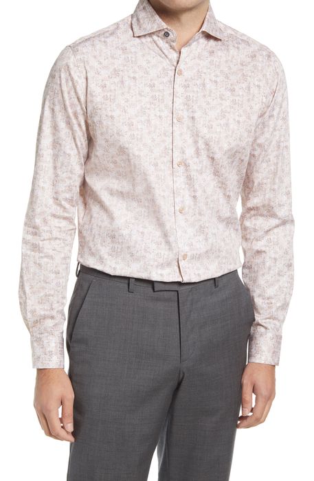 Duchamp Men's Tailored Fit Floral Dress Shirt in Beige