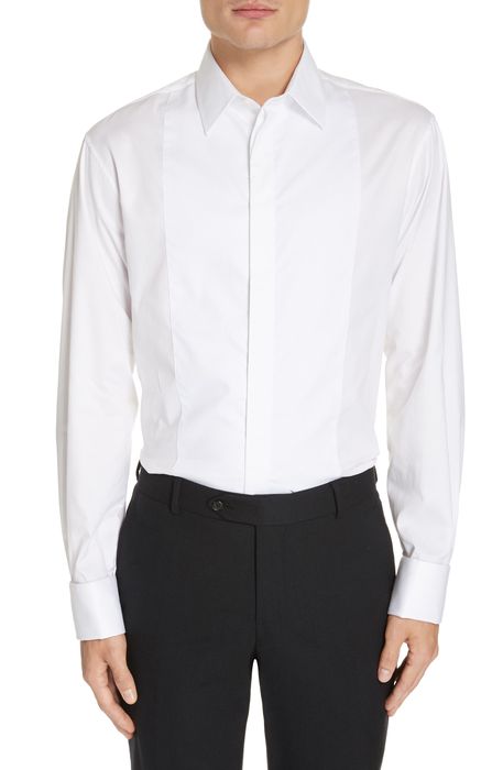 Emporio Armani Slim Fit Stretch Tuxedo Shirt in Solid White