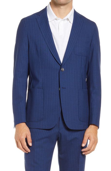 BOSS Nolvay Trim Fit Pinstripe Wool Suit in Open Blue