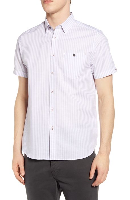 Ted Baker London Tanas Slim Fit Stripe Short Sleeve Cotton & Linen Button-Up Shirt in Lilac
