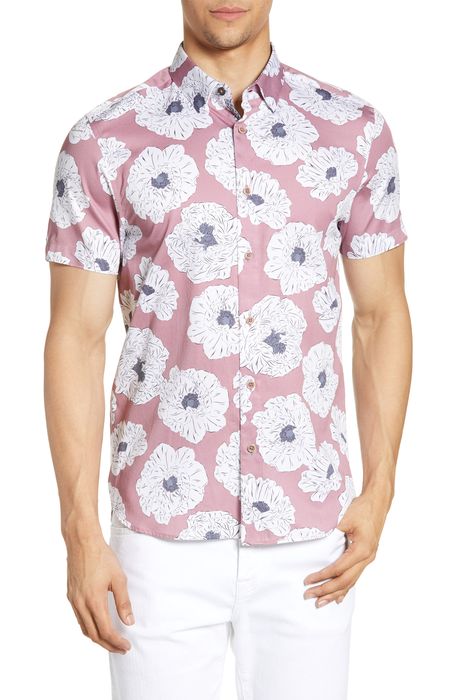 Ted Baker London Leave Slim Fit Flower Print Short Sleeve Button-Down Shirt in Lilac