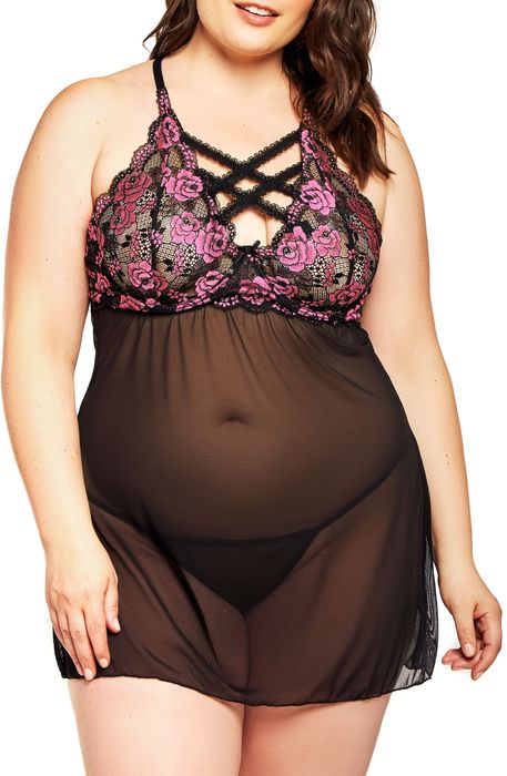 iCollection Crisscross Lace & Mesh Underwire Chemise & G-String Thong Set in Fuchsia-Black