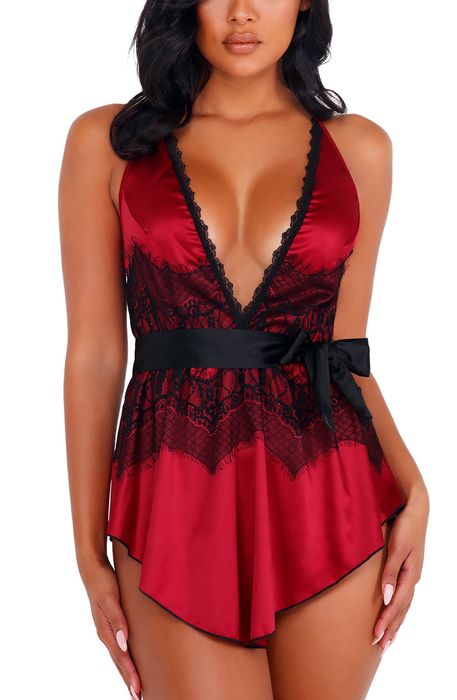 Roma Confidential Satin & Lace Babydoll Romper in Red/Black
