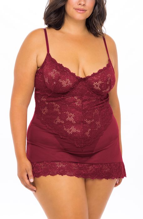 Oh La La Cheri Lace Underwire Chemise & Thong Set in Dkred09