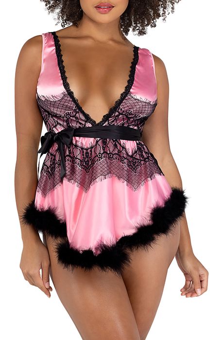 Roma Confidential Lace Trim Satin Babydoll Chemise & Thong Set in Pink/Black