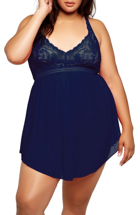 iCollection Lace & Mesh Babydoll Chemise in Navy-Blue
