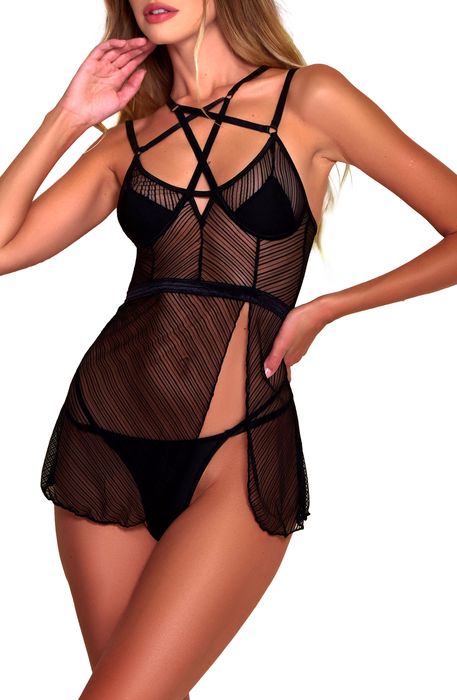 Hauty Sheer Intentions Babydoll Chemise & G-String Thong in Black