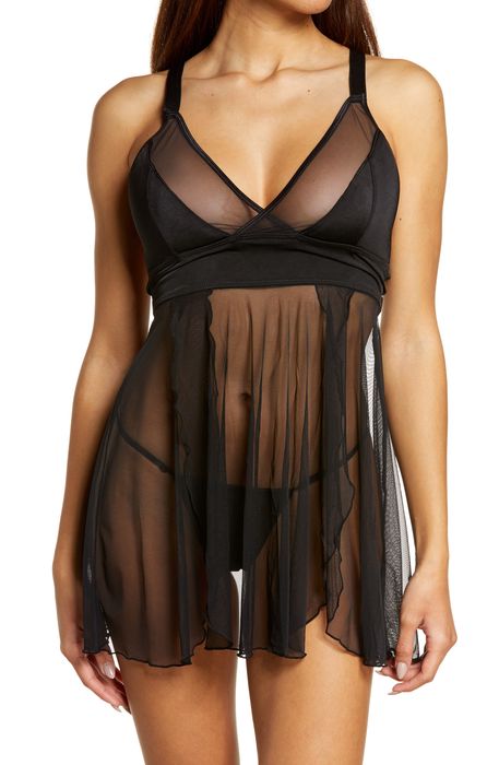 Coquette Caged Back Mesh Babydoll Chemise & G-String Thong in Black