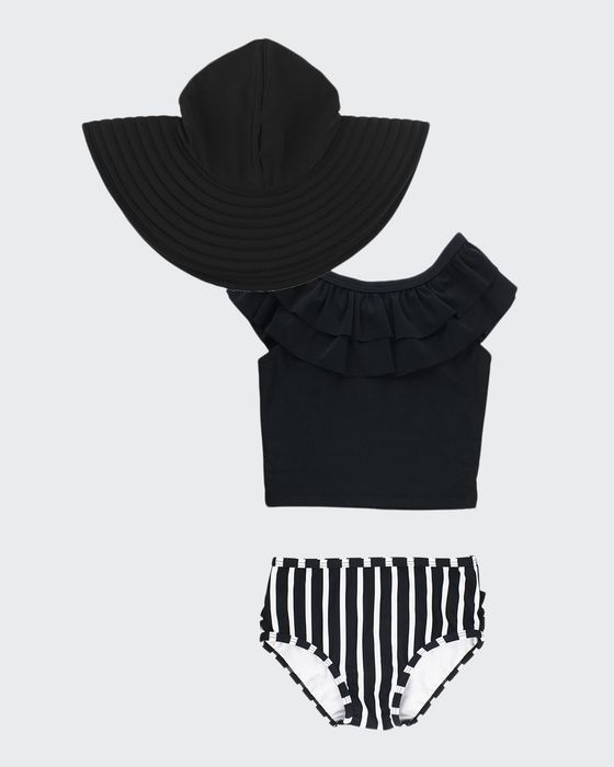Girl's Ruffle Stripe Print Tankini w/ Sun Hat, Size 3M-10