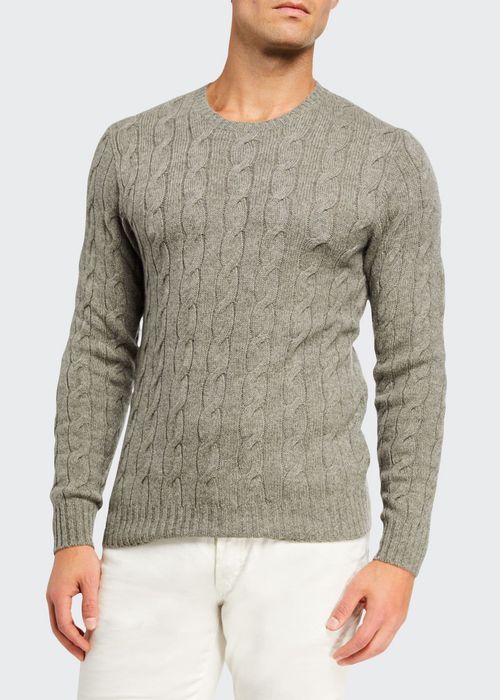 Men's Cashmere Cable-Knit Crewneck Sweater, Light Gray Heather