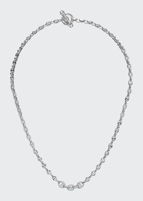 18k White Gold 3mm Mini Open-Link Necklace with 5-Link Micro Pave