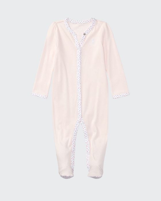 Cotton Footie Pajamas w/ Floral Trim, Size Newborn-12 Months