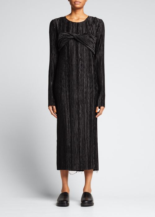 Plisse Sheath Midi Dress w/ Twist Detail