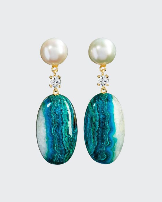 18k Bespoke 2-Tier One-of-a-Kind Luxury Earrings w/ Pearl, Chrysocolla Quartz Malachite & Diamonds