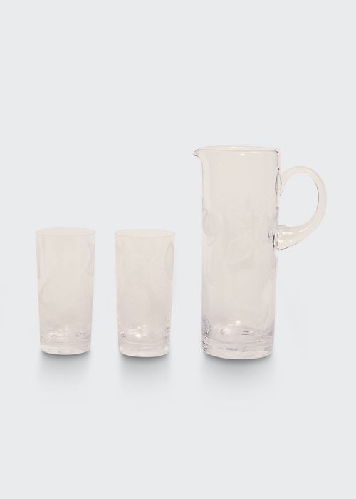 Pimms Jug w/ 4 Fruit Engraved Clear Glasses