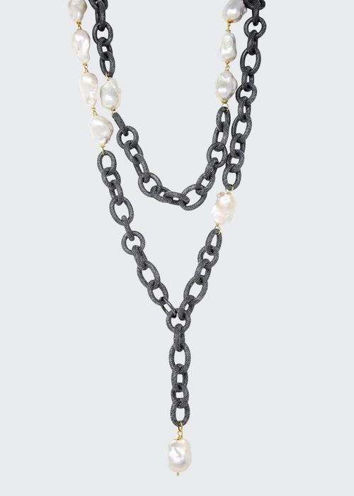 Chain Fabric Baroque Pearl Black Silver Freshwater Baroque Pearl