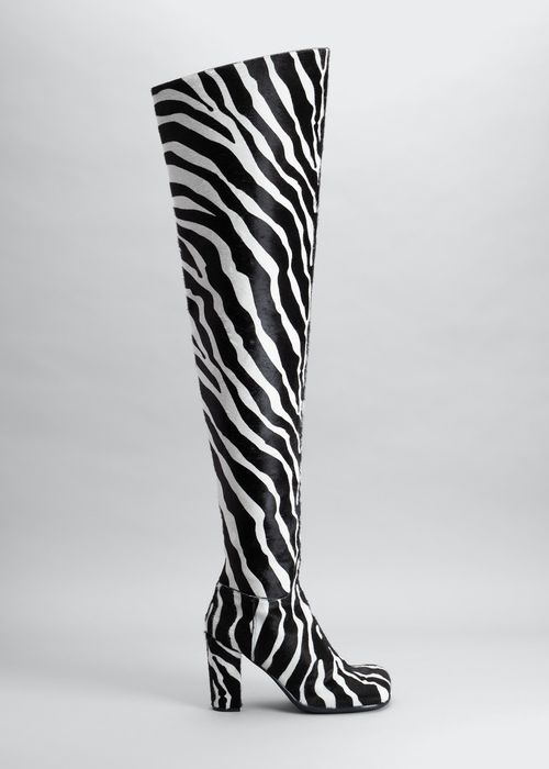 Zebra-Print Fur Over-The-Knee Boots