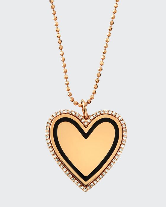 14k Gold & Black Enamel Heart Pendant Necklace w/ Diamonds