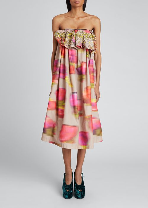 Blurred Floral-Print Beaded Strapless Jacquard Midi Dress