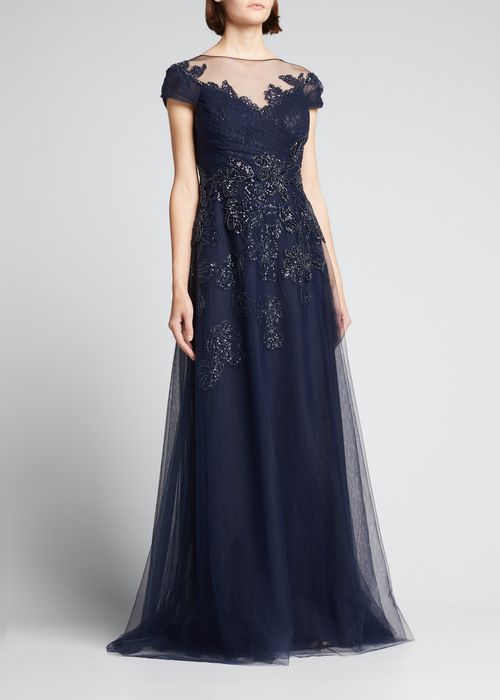 Cap-Sleeve Beaded Applique Tulle Gown