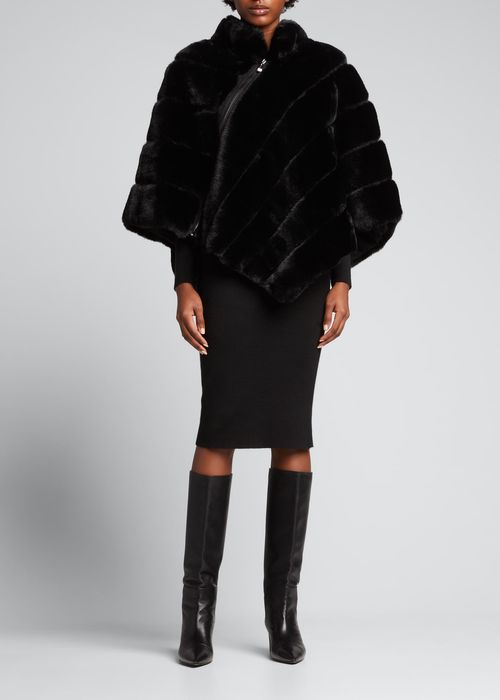 Quilted Faux-Fur Zip Poncho