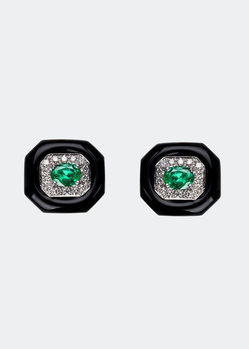 Oui Diamond and Emerald Black Enamel Stud Earrings