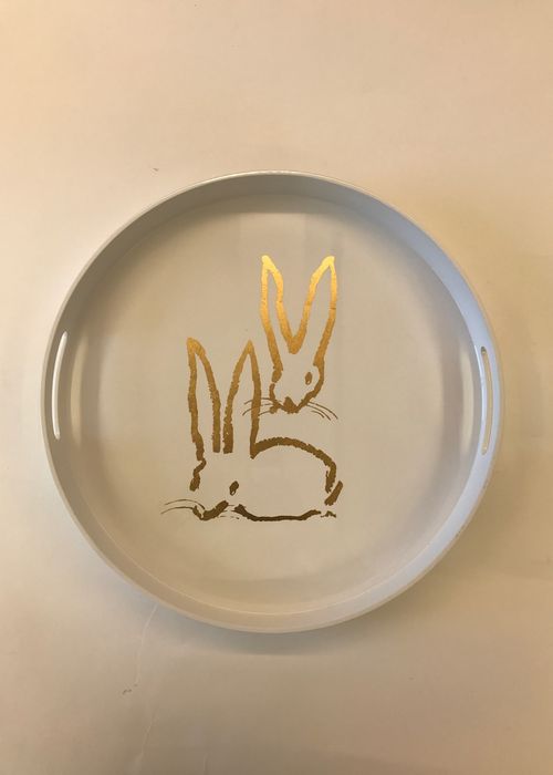 Royal Rabbit Round White Lacquer Tray with Gold Leaf Bunnies