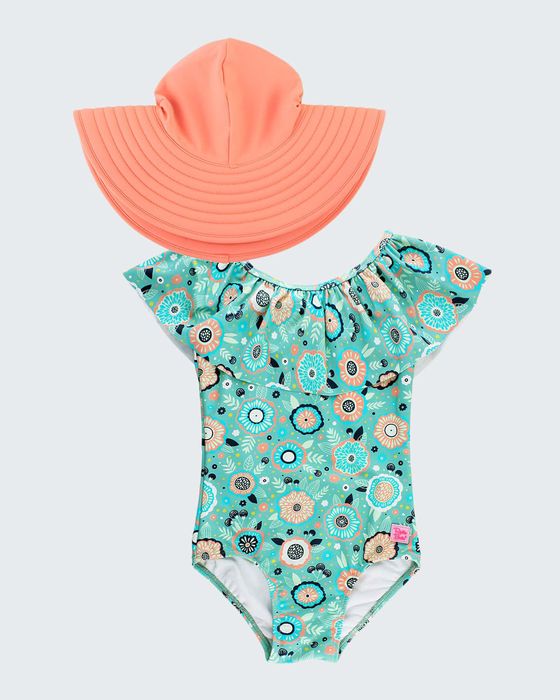 Girl's Island Dream Ruffle One-Piece Swimsuit w/ Swim Hat, Size 2-10