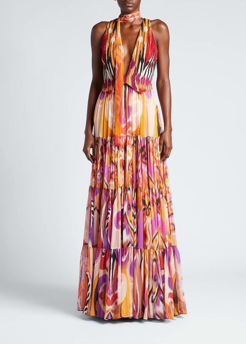 Ikat Embroidered Vest Tiered Silk Gown