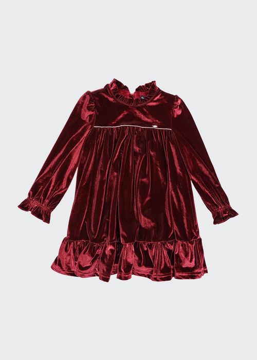 Girl's Velvet Ruffle-Trim Dress, Size 4-12